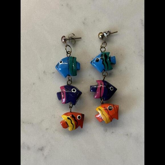 Jewelry - Handmade Vintage 80's Wooden Colorful Fish Dangle Earrings